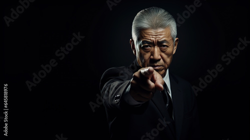 Cool serious looking old asian man wearing suit, tie and isolated on dark background. Businessman, boss, mafia, bodyguard. Pointing his index finger toward camera. Digital illustration generative AI.