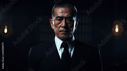 Cool serious looking old asian man wearing suit, tie and isolated on dark background. Businessman, boss, mafia, bodyguard. Digital illustration generative AI.