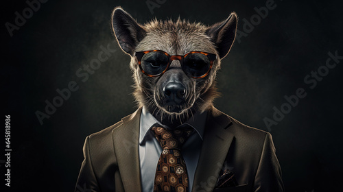 Cool looking hyena wearing suit, tie and sunglasses isolated on dark background. Businessman, boss, mafia, bodyguard. Digital illustration generative AI.