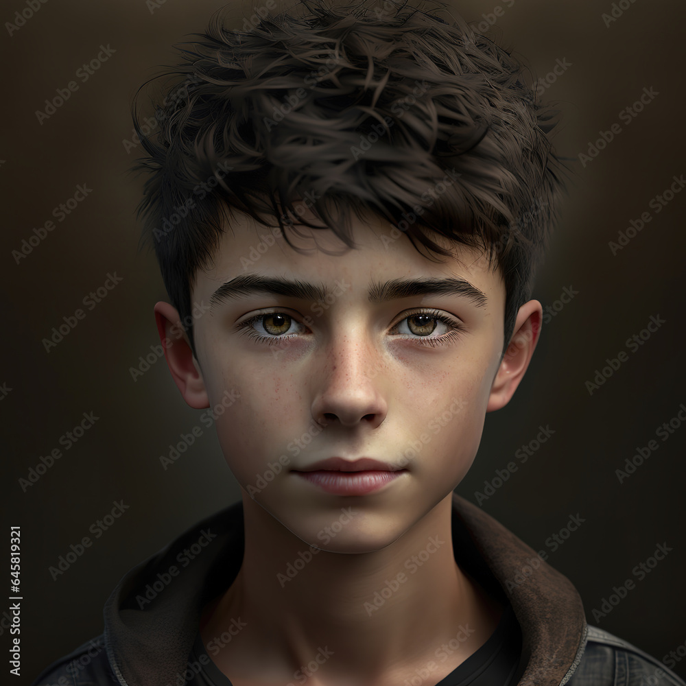 Portrait of a schoolboy with curly hair and brown eyes