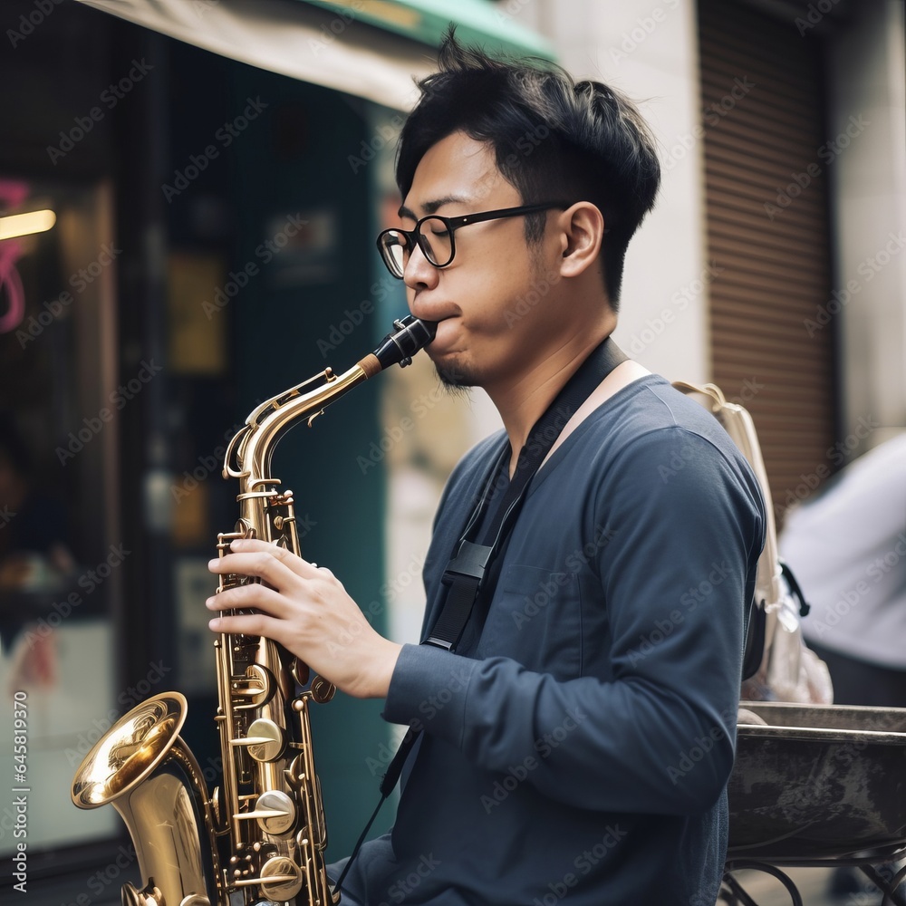 Obraz premium Chinese street musician wearing eyeglasses plays the saxaphone musical instrument