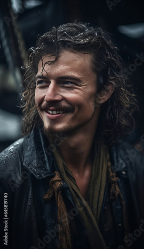 Medieval pirate in a cloak on a ship in the rain
