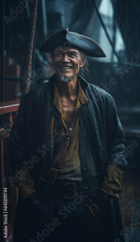 Medieval pirate in a cap and cloak on a ship in the rain