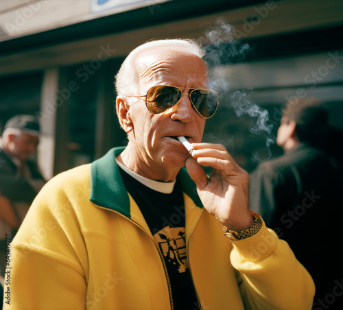 Cool grandpa with black glasses and brightly colored clothes smokes pot