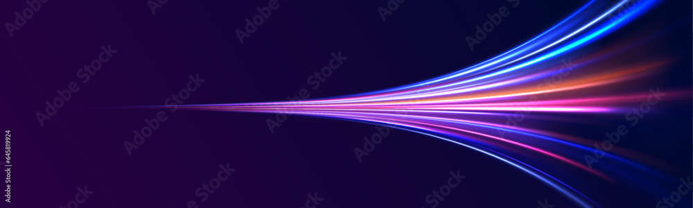 Red blue motion police line, horizontal light rays panoramic high speed technology concept, light abstract background. Light arc in neon colors, in the form of a turn and a zigzag.  