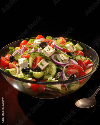 Glass bowl of fresh Greek salad on black background