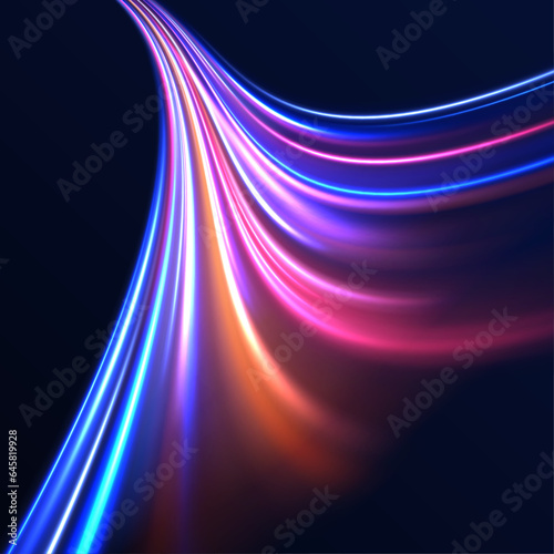 Red blue motion police line, horizontal light rays panoramic high speed technology concept, light abstract background. Light arc in neon colors, in the form of a turn and a zigzag.  