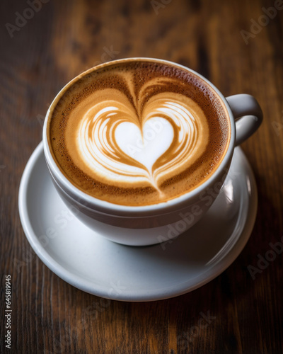 Photorealistic image of a cappuccino with a heart on fluffy foam in a white cup on the table