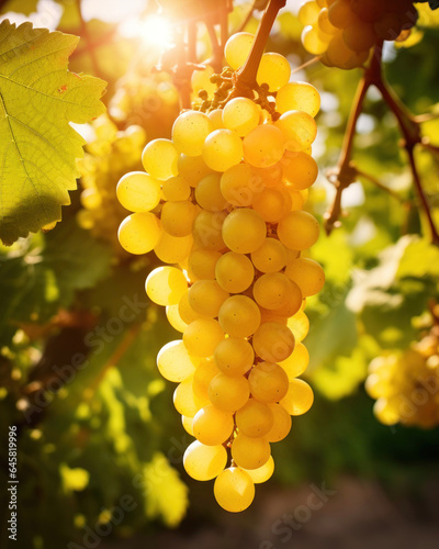 Photorealistic image of a lush bunch of yellow grapes in a vineyard on a warm summer day