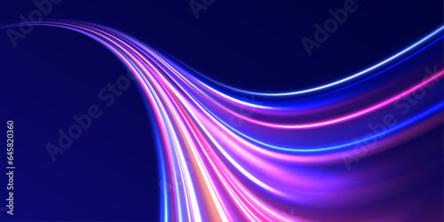 Curved light trail stretched upward. Fast speed car. Acceleration speed motion on night road. City light trails motion background. Illustration of high speed concept. 