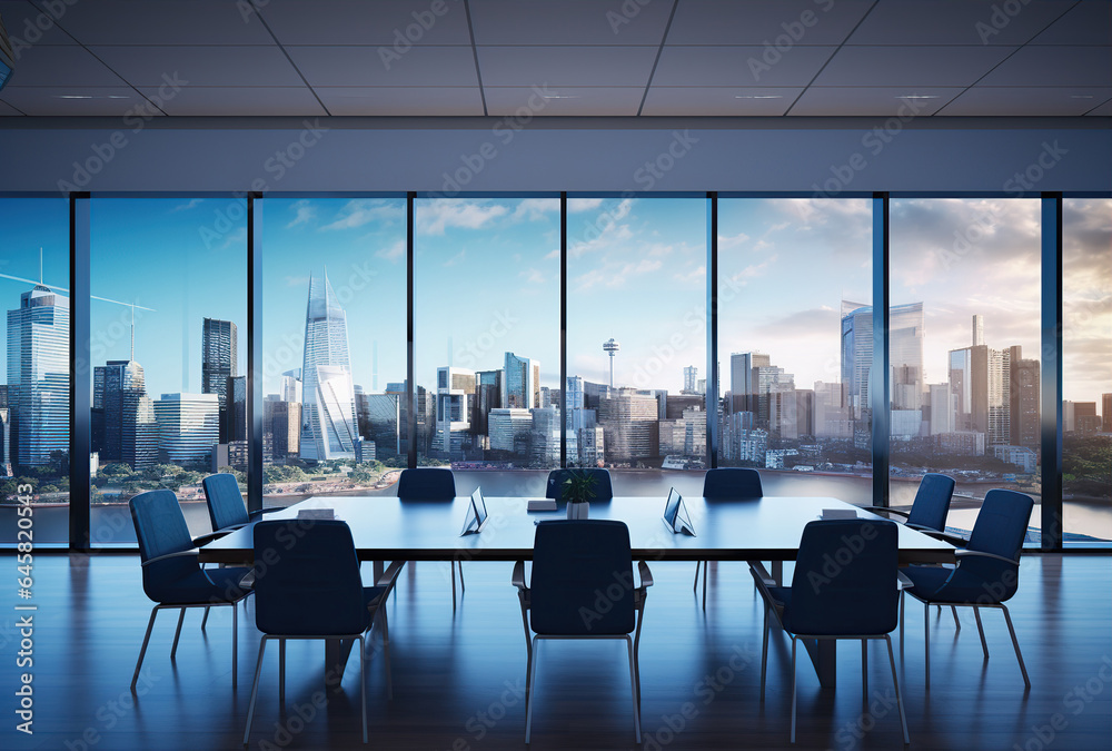 Fototapeta premium Modern office meeting room interior with glass windows. Created with Generative AI