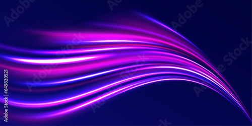 Purple glowing wave swirl, impulse cable lines. High-speed light line in the form of a road and a highway in a night city. Abstract neon background with shining wires.