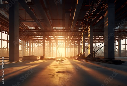 Industrial interior of a large warehouse. 3d rendering toned image © Gorilla Studio