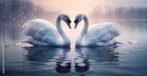 Two swans are making a heart shaped pattern in the water, Romantic love