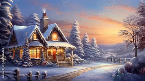 a serene winter landscape with a charming cottage and a Christmas tree by the window