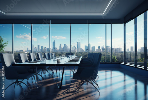 Modern office meeting room interior with glass windows. Created with Generative AI