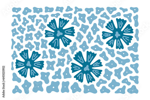 Matisse blue composition. Flowers, turquoise pattern of carnations, background with white center of simple floral doodles. Modern and minimalistic, flowing curvy lines. Art Deco inspired vector