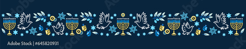 Happy Hanukkah banner. Flat vector illustration. Hanukkah religion holiday background with holiday symbols