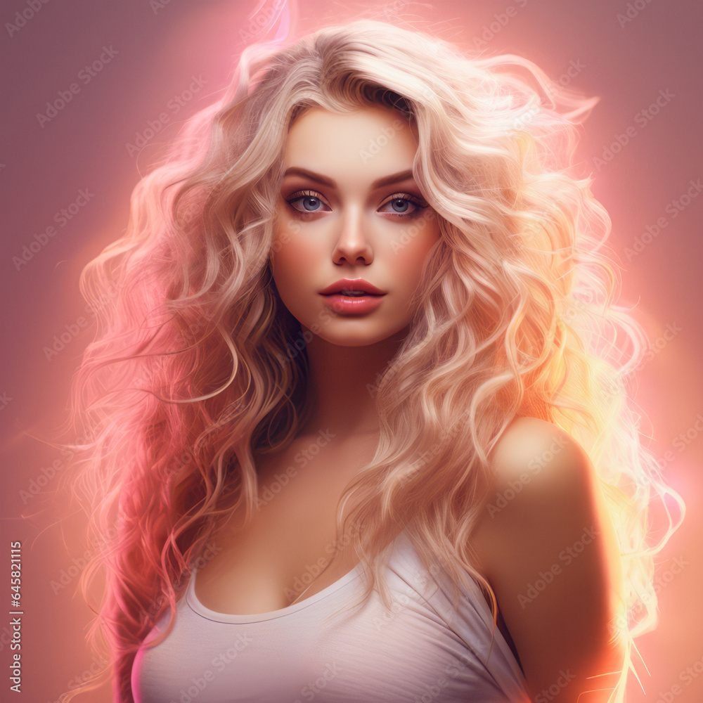Girl with fair long hair and fair skin, close-up portrait in muted colors. Background lit with neon light.