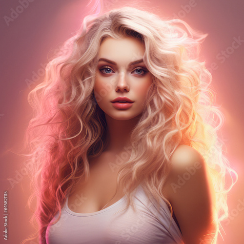 Girl with fair long hair and fair skin, close-up portrait in muted colors. Background lit with neon light.