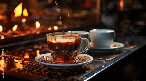 Hot coffee flows into a black cup from a coffee machine, against a bar in the background