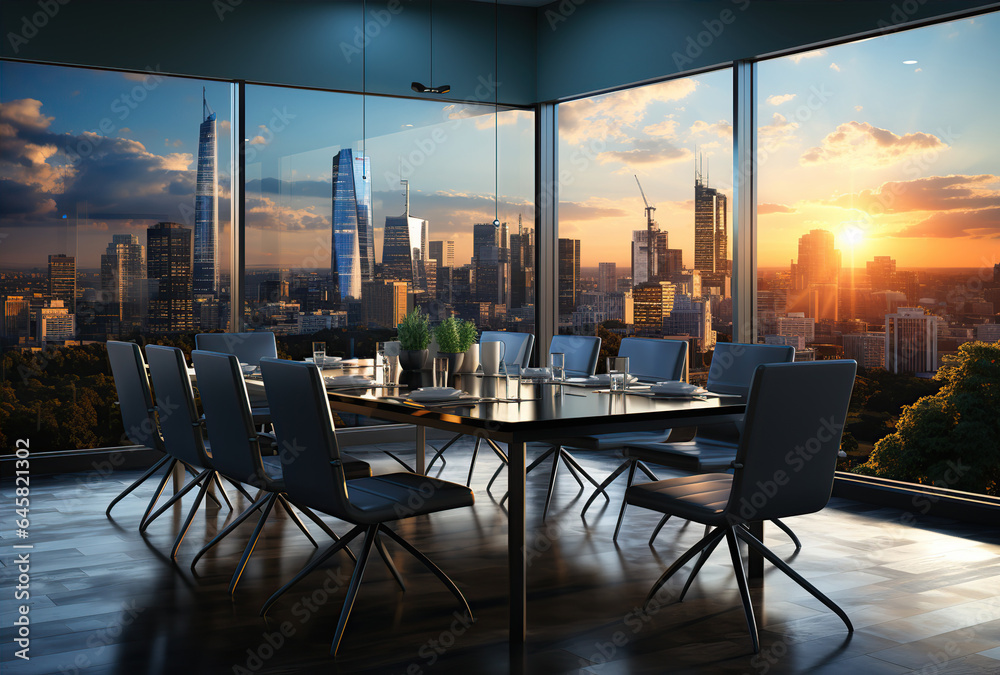 Modern office meeting room interior with glass windows. Created with Generative AI Modern office meeting room interior with glass windows. Created with Generative AI
