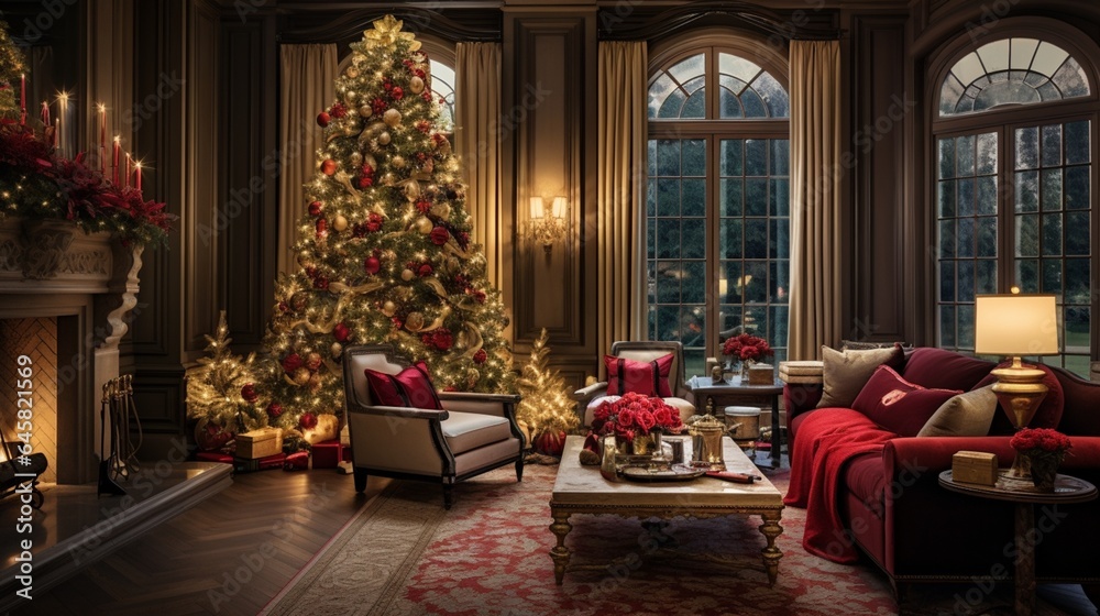 Obraz premium an inviting scene of a cozy living room with a beautifully lit Christmas tree as the centerpiece.