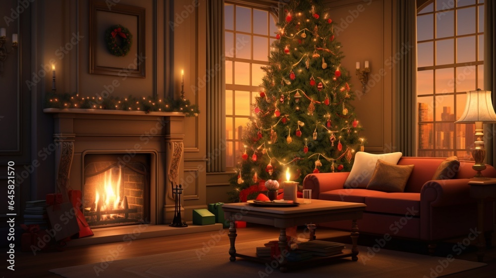 an inviting scene of a cozy living room with a beautifully lit Christmas tree as the centerpiece. an inviting scene of a cozy living room with a beautifully lit Christmas tree as the centerpiece.