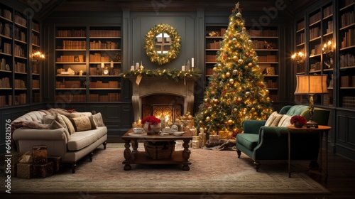 an inviting scene of a cozy living room with a beautifully lit Christmas tree as the centerpiece.