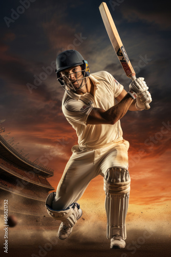 Cricket player hitting the ball at sunset