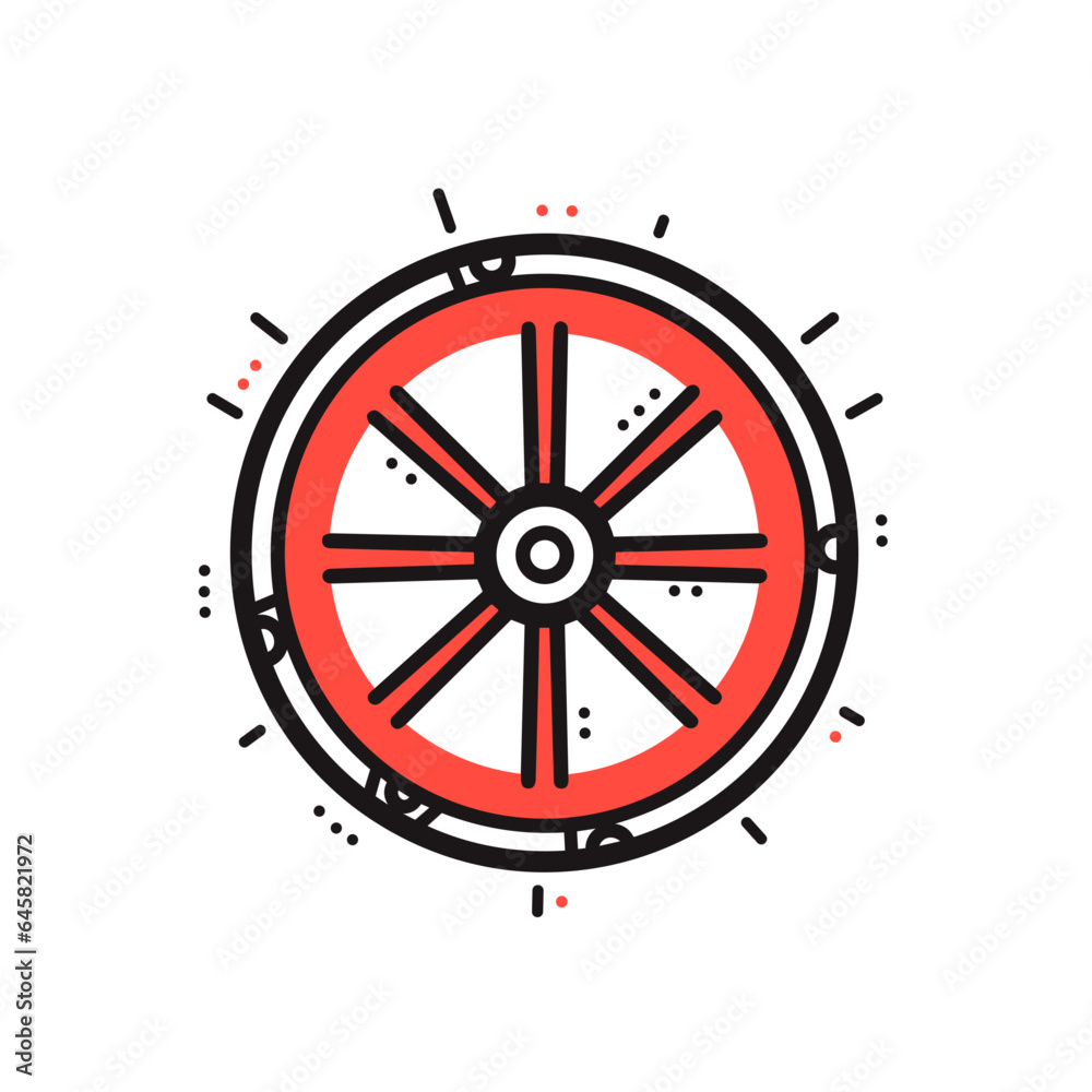 Spinning wheel vector icon in minimalistic, black and red line work, japan web