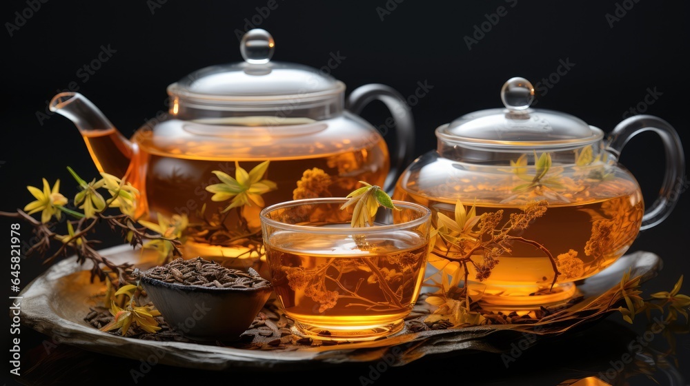 Hot tea in glass teapot and glass cups and fresh leaves with natural steam on white background Hot tea in glass teapot and glass cups and fresh leaves with natural steam on white background