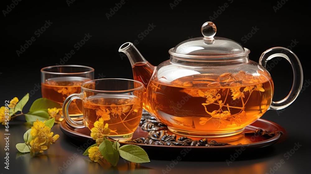Hot tea in glass teapot and glass cups and fresh leaves with natural steam on white background Hot tea in glass teapot and glass cups and fresh leaves with natural steam on white background