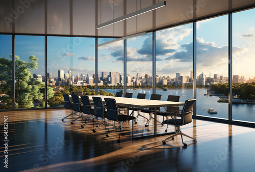 Modern office meeting room interior with glass windows. Created with Generative AI