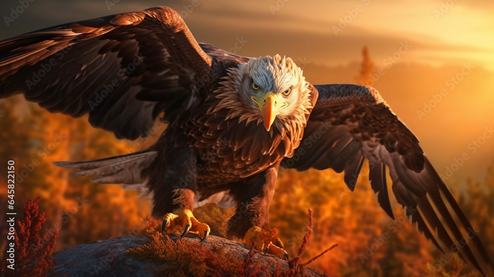 Fototapeta premium Golden Eagle in the desert at sunset. Wildlife scene from nature.