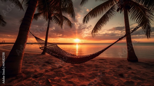 Silhouette of hammock on the beach with palm tree at sunset © Samira