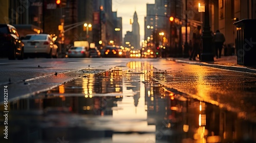 big city street, reflection in water of puddle on asphalt, sunset urban view of New York, generative AI © goami
