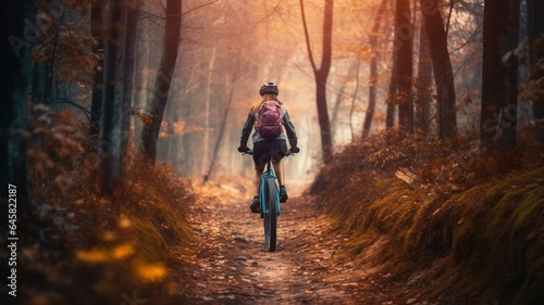 Young woman riding a bicycle at sunset in the meadow Sport and active life concept