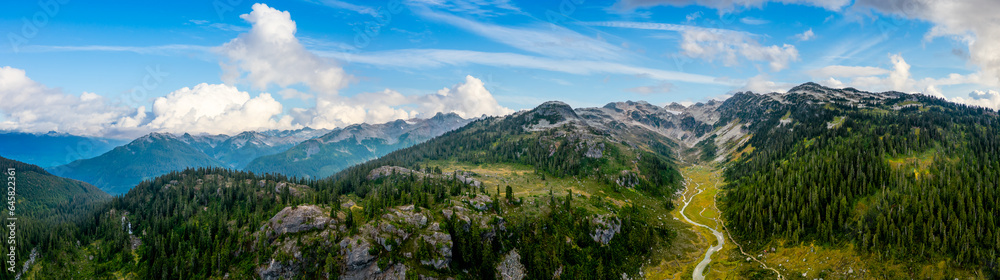 Aerial Panoramic View of River and Valley in the Canadian Mountain Landscape. British Columbia, Canada