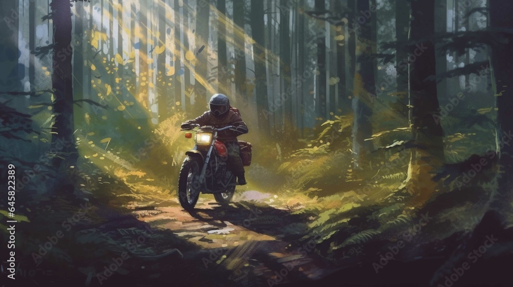 Motorcyclist in the autumn forest Biker rides a motorcycle through the autumn forest