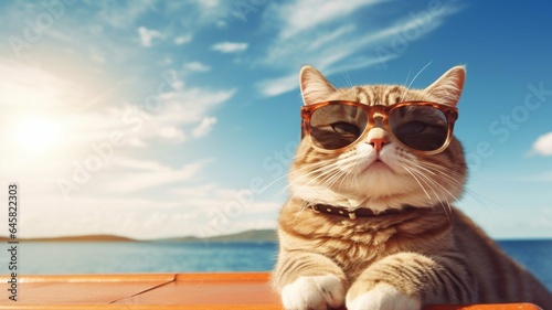 Funny cat with sunglasses on the background of the sea and mountains.