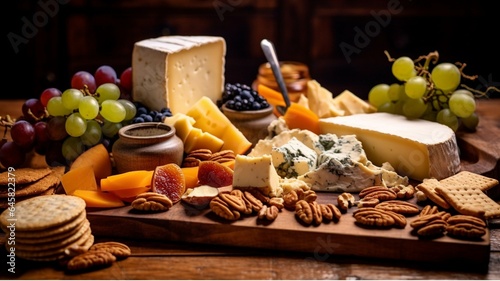 Cheese platter with grapes, nuts, honey and crackers