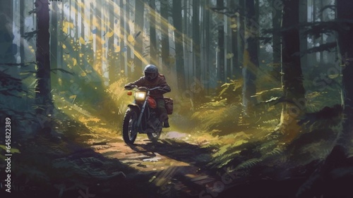 Motorcyclist in the autumn forest Biker rides a motorcycle through the autumn forest © Samira