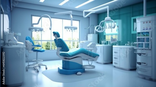 Dental clinic interior with dentist chair and equipment. 3d rendering