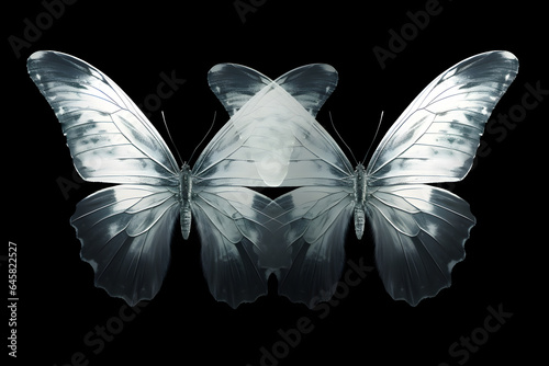 Macro photography of two butterflies with big wings, black and white colors concept, x-ray style. Creative image for printing.