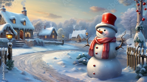 a hyper-realistic scene of a charming Christmas Snowman in a snowy countryside setting.