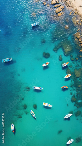 harbor or bay with clean blue water and boats, aerial view, generative AI