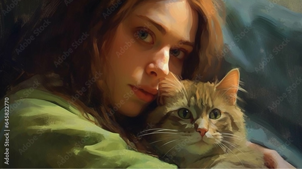 Portrait of a beautiful young woman with a cat in her arms