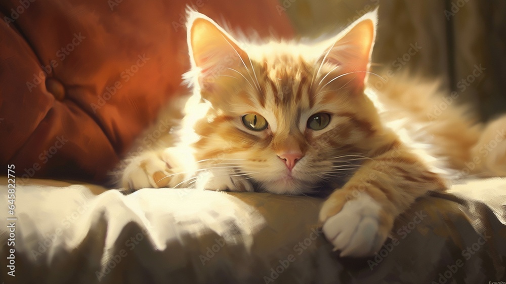 Cute ginger cat lying on sofa and looking at camera, closeup