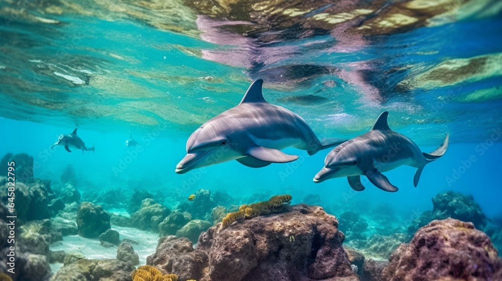 Fototapeta premium Dolphins swimming over coral reef in the Red Sea. Toned image